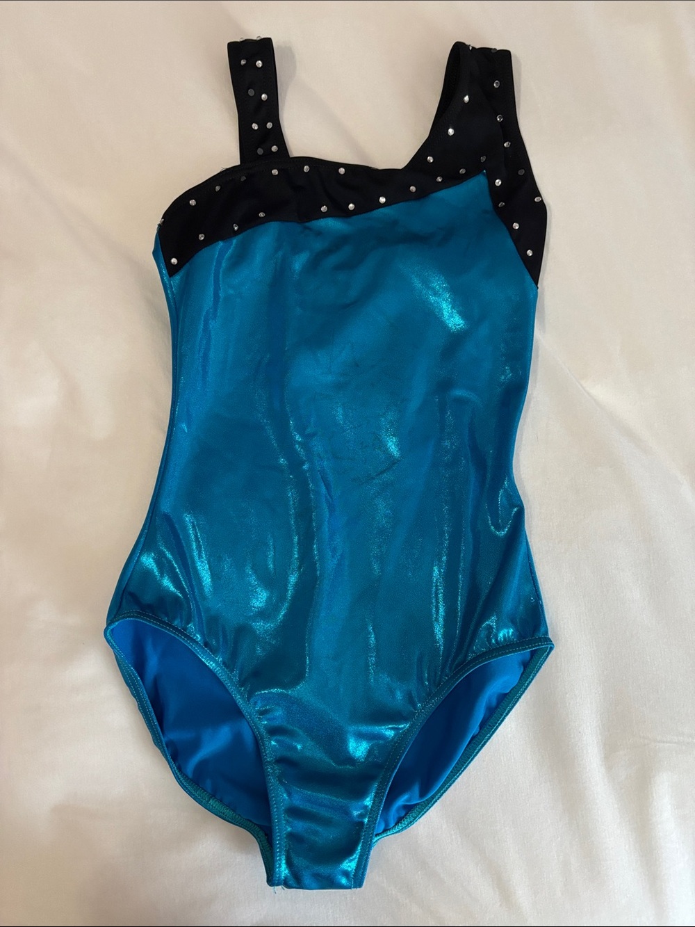 Balera Turquoise Metallic Dance Leotard with Black Studded Trim